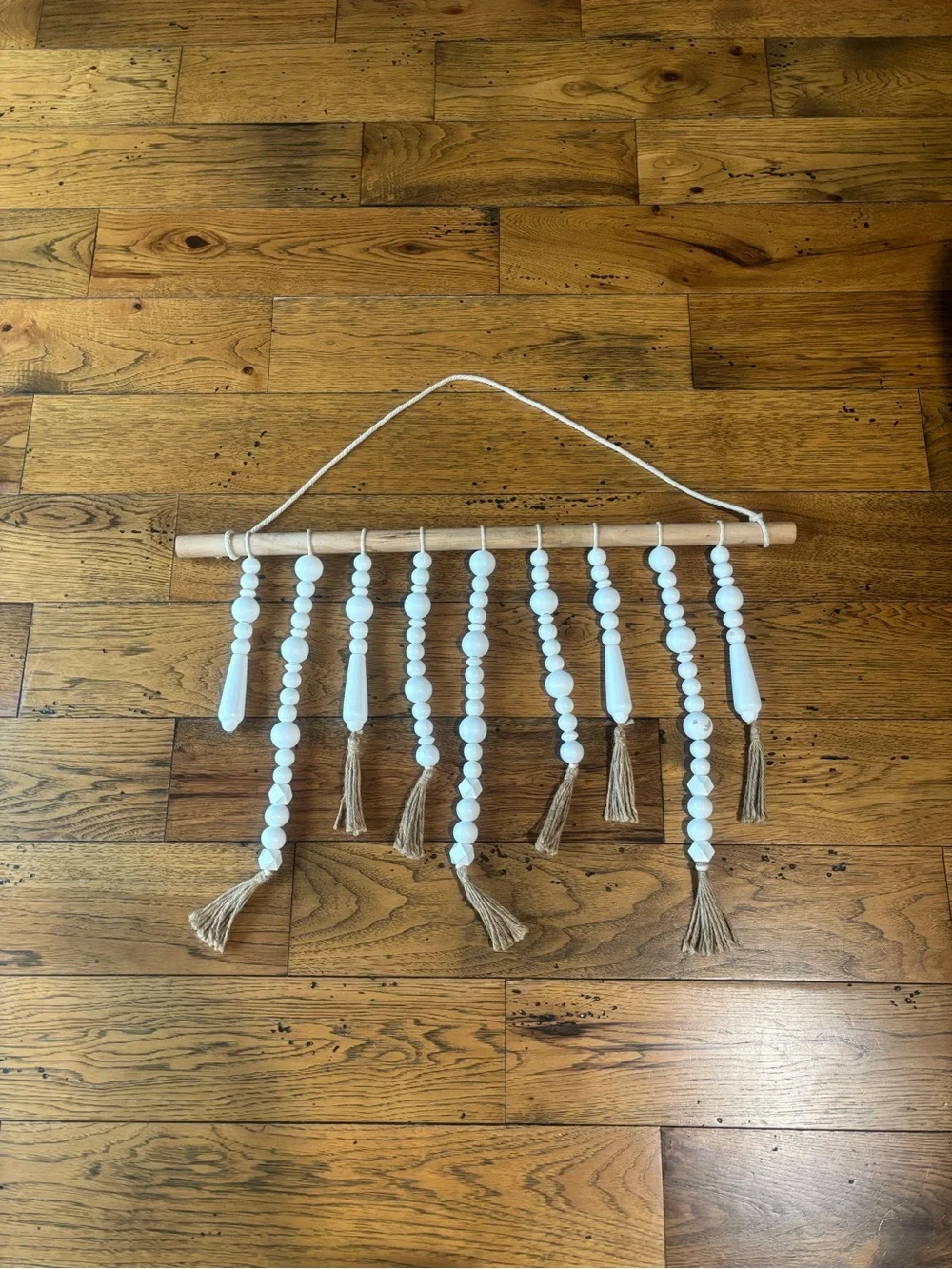 Boho White Beaded Wall Hanging with Tassels - White and Brown